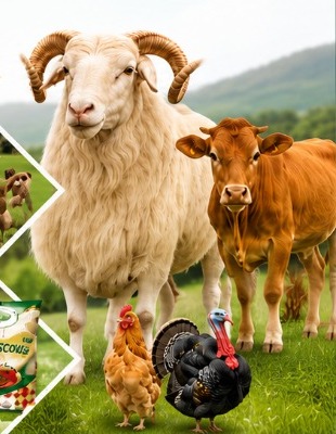 Bélier, vache et volailles au pâturage